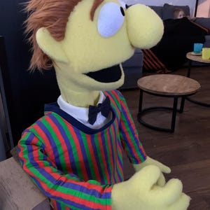 Puede incluir: Una marioneta amarilla con pelo naranja, ojos blancos grandes y una nariz grande. La marioneta lleva una camisa a rayas con rayas verticales rojas, verdes y azules, un cuello blanco y una pajarita negra. Las manos de la marioneta son amarillas.