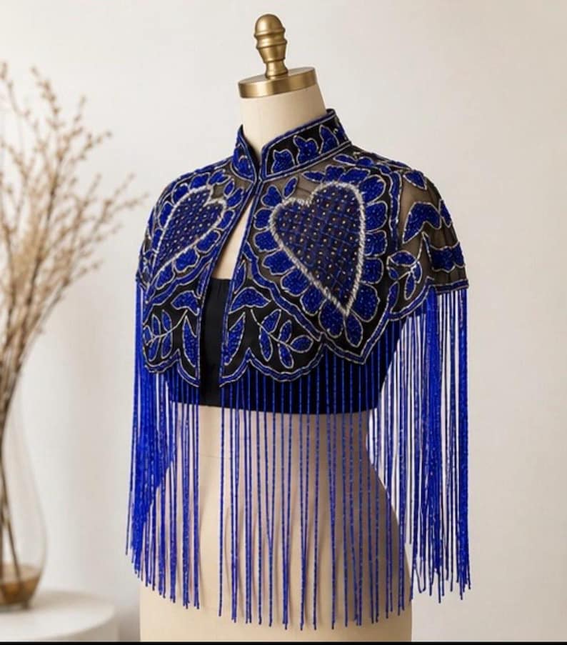 Royal Blue Beaded Capelet With Fringe Embroidered Shoulder Cover up for ...