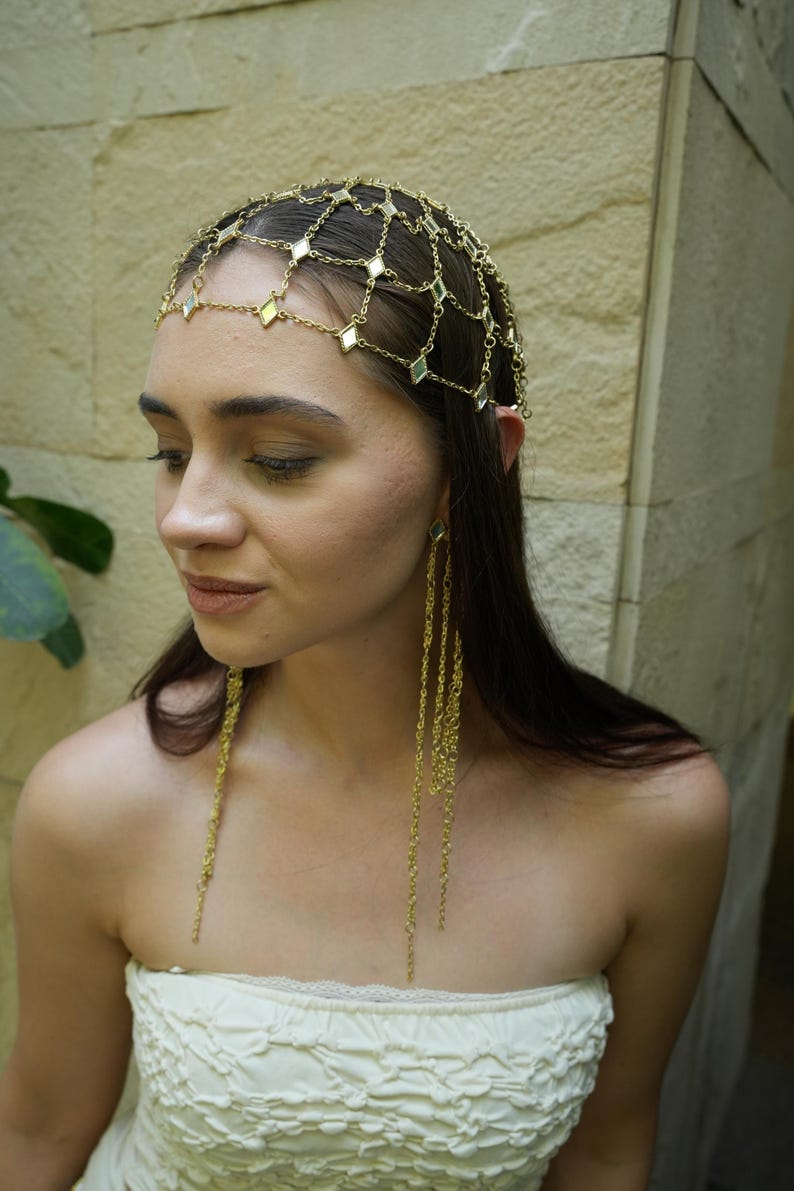 Gold chain headpiece with matching long shoulder duster earrings