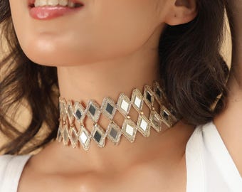 Handgefertigte Spiegel-Choker-Halskette mit Goldstickerei, Statement-Schmuck, indisches Brauthalsband, Boho-Stil, Festival-Hochzeitsgeschenk, ethnische Geschenkidee für Sie