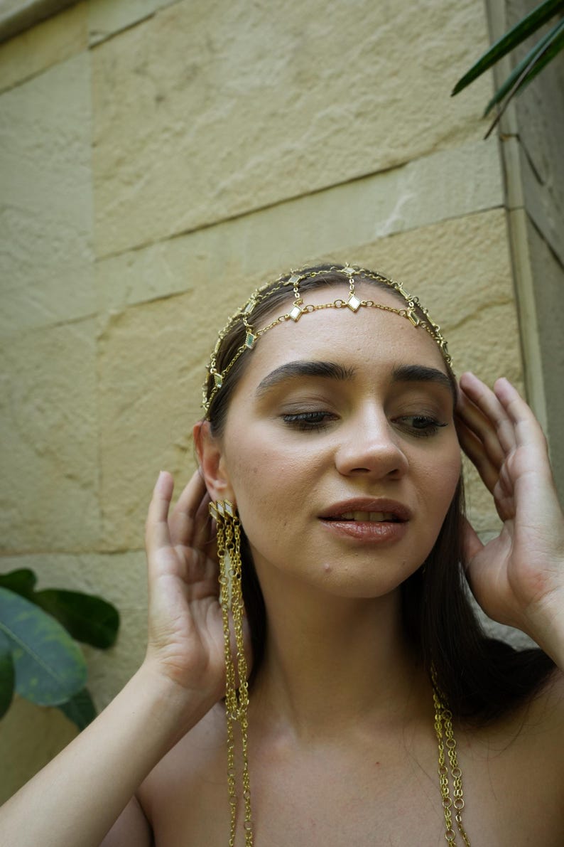 Gouden ketting als hoofdsieraad en oorbellen set | Indiase trouwketting voor het haar, boho bruidssieraden voor in het haar afbeelding 8