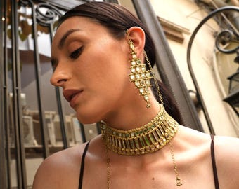 Conjunto de joyas llamativas con pendientes de espejo dorado, gargantilla hecha a mano con trabajo de espejo, joyería nupcial festiva, conjunto bohemio de lujo, regalo