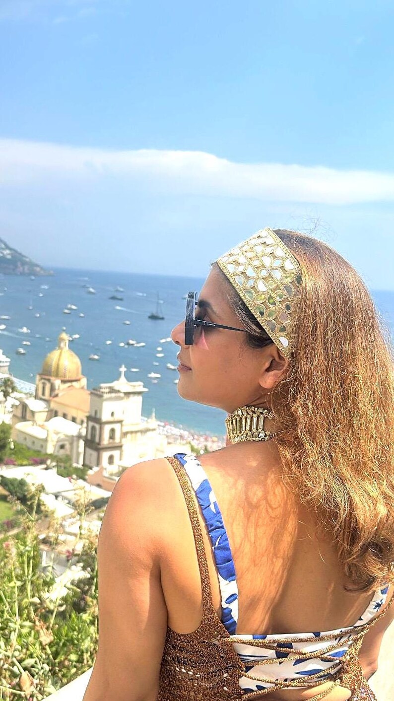 Boho Mirror Work Headband – Embroidered Indian Turban Style Festival Hair Accessory With Satin Tie-Up image 8