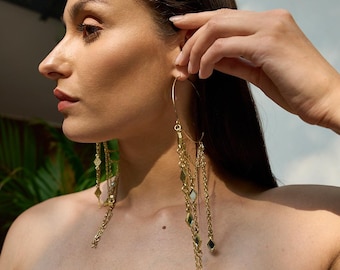 Orecchini a cerchio con frange e catena dorata, orecchini pendenti di tendenza, orecchini lunghi boho, cerchio minimalista con catena a nappina, gioiello regalo per festival, ideale per lei.