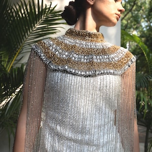 Gold Silver Cape Necklace | Crystal Fringe Choker Collar | Luxury Bridal Body Jewelry | Editorial Gift
