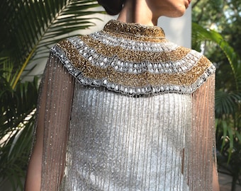 Gold Silver Cape Necklace | Crystal Fringe Choker Collar | Luxury Bridal Body Jewelry | Editorial Gift