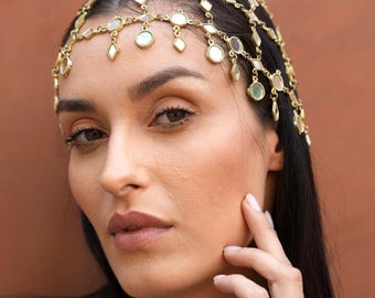 Gouden spiegelhaarketting: Boho bruids- en festivalhaaraccessoire, godinnen-statement hoofdsieraad