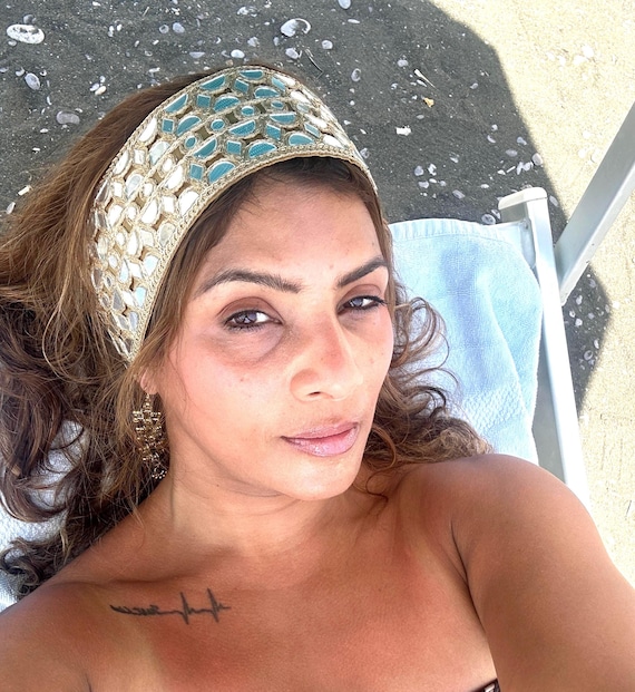Boho Mirror Work Headband – Embroidered Indian Turban Style Festival Hair Accessory With Satin Tie-Up