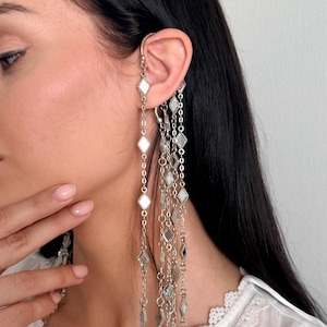Silver Ear Crawler Earrings Minimalist Boho Statement Jewelry No Piercing Ear Climber Cuff Handmade Festival Wedding Bridal Gift for Her