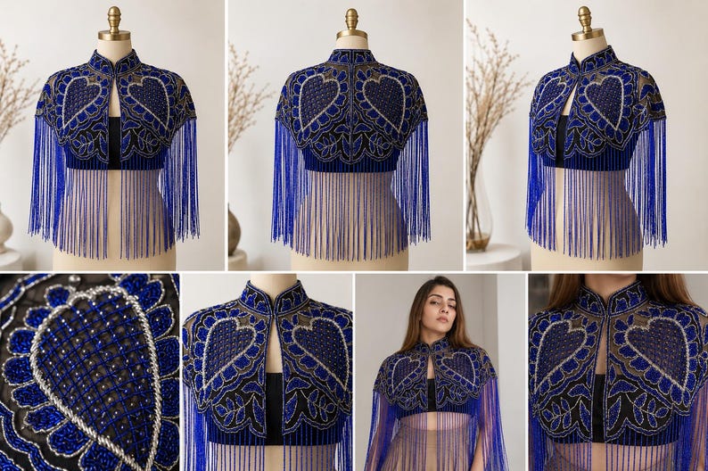 Royal Blue Beaded Capelet With Fringe Embroidered Shoulder Cover up for ...