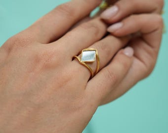 Handcrafted Gold Geometric Mirror Ring, Adjustable Open Cuff Boho Chic Jewelry