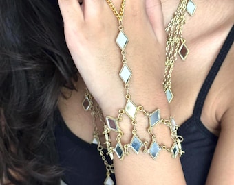 Gold Plated Hand Harness Bracelet Black White Enamel Diamond Boho Statement Jewelry