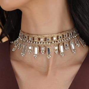 Naszyjnik choker z koronką lustrzaną, gotycka biżuteria, złoto, różowe złoto, metaliczna nić, kołnierz boho, festiwal, ręcznie robiony, prezent dla niej