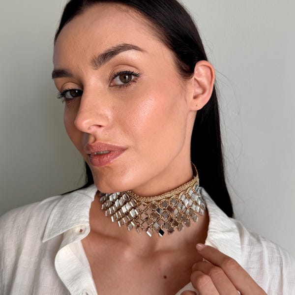 Gold Mirror Choker Necklace | Boho Statement Ethnic Collar | Handmade Indian Bridal Jewelry | Festival Party Gift