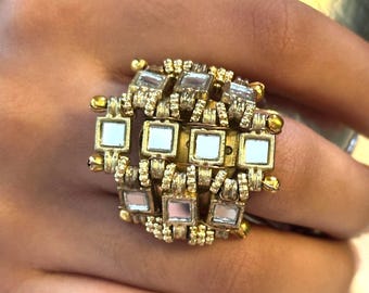 Handmade Kundan Mirror Statement Ring – Adjustable Gold Boho Cocktail Jewelry