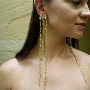 Gold Chain Headpiece & Statement Earrings Set, Boho Luxe Bridal Jewelry, Festival Hair Chain with Shoulder Duster Earrings, Miraay Handmade