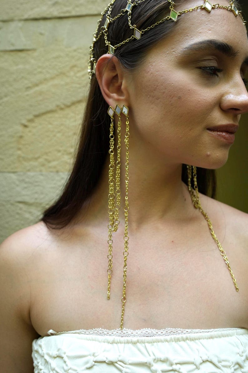 Gold Chain Headpiece & Statement Earrings Set, Boho Luxe Bridal Jewelry, Festival Hair Chain with Shoulder Duster Earrings, Miraay Handmade
