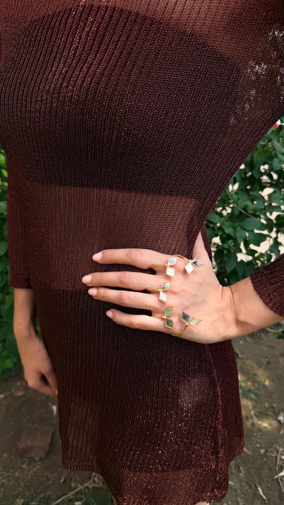 Handmade Brass Mirror Palm Cuff Bracelet – Boho Statement Hand Jewelry