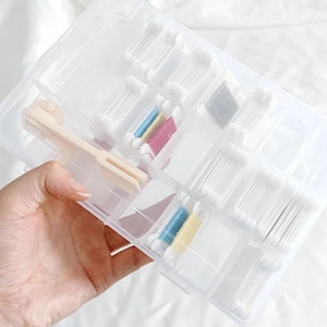 Könnte beinhalten: Eine durchsichtige Kunststoff-Aufbewahrungsbox mit mehreren Fächern, die weiße Kunststoffspulen mit Stickgarn in verschiedenen Farben wie Blau, Gelb, Rosa und Grau enthält, sowie einen hellbeigen manuellen Spulenwickler aus Kunststoff.