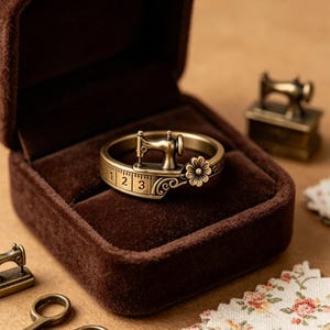 May include: A bronze-toned ring featuring a miniature sewing machine motif, a band designed to resemble a measuring tape with visible numbers 1, 2, and 3, and a small flower detail. The ring is displayed inside a dark brown velvet box.