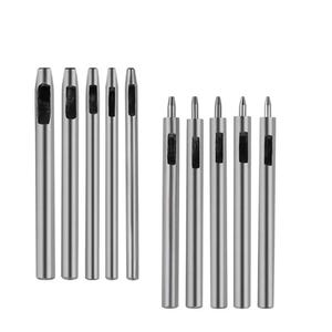 May include: A collection of silver metal hole punch tools in various sizes. The tools have cylindrical bodies with a hollow punch end and a solid handle. The tools are arranged in two groups, with the punch ends facing up.