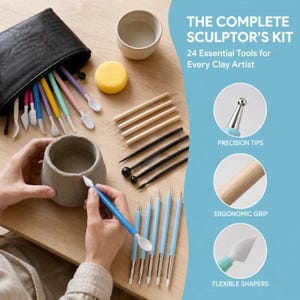 24Pcs Pottery Clay Tools Set, Ceramic Sculpting Tools, Polymer Clay Modeling Kit, Carving Tools for DIY Crafts