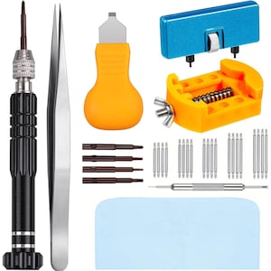 May include: A watch repair tool kit with various components. Includes a black screwdriver, silver tweezers, an orange case opener, and a blue watch back remover. Also includes spring bars, a double-ended tool, and a blue cloth.