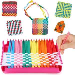 May include: A craft kit with a pink loom and colorful threads. The image shows woven squares, a small bag with a strap, and a hand using a pink tool to weave. The woven items are in various colors and patterns.