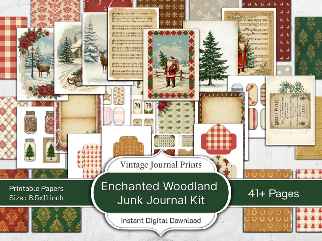 Enchanted Woodland Junk Journal Kit, Vintage Christmas Papers, Forest ...