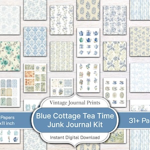 May include: A collection of printable papers with various blue floral and patterned designs. The papers are 8.5x11 inches and part of a "Blue Cottage Tea Time Junk Journal Kit". The image includes tags, teacups, and teapots.
