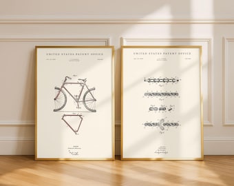 Vintage Fahrrad-Patentzeichnungen, zweiteilig | Wanddeko für Radfahrer | Baupläne für Fahrradrahmen (1899) und Antriebskette (1900) | Geschenk für Radfahrer