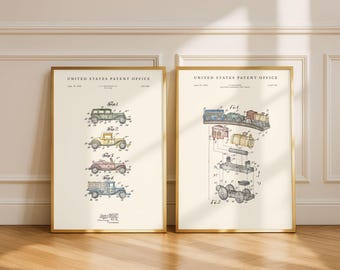 Vintage Spielzeug Patent zweier Set | Auto & Zug Bauplan | Spielzimmer Galeriewand | Modernes Creme