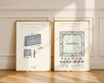 Brettspiel Patent Zweier Set | 1935 Monopoly Brett & Vintage Kriegsschiff Druck | Geschenk für Gamer | Modernes Creme