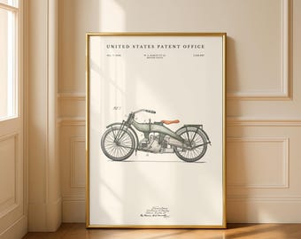 1924 Harley Motorcycle Patent Art | Vintage Motorbike Blueprint | Harley Davidson Gift | Modern Cream or Parchment