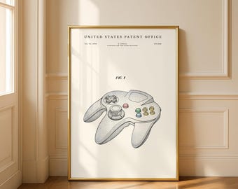 1996 N64 Controller Patent Print | 90s Gaming Blueprint Physical Print | Gamer Office Gift | Modern Cream or Parchment