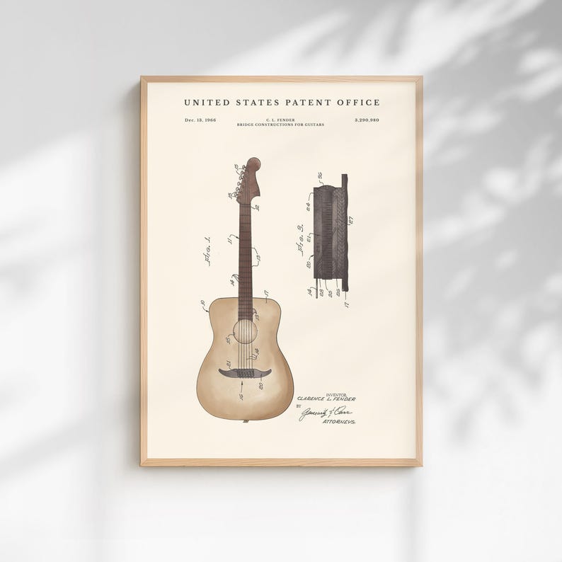 May include: A framed vintage patent print of a guitar. The print features a detailed illustration of a guitar and its bridge construction, with technical annotations and the text "United States Patent Office". The print is in a wooden frame.