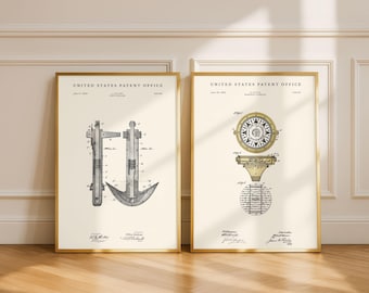 Nautisches Patent 2er Set | 1892 Kompass Kunst | 1900 Schiffsanker Druck | Küstenwanddekor | Strandhaus Geschenk | Modernes Creme