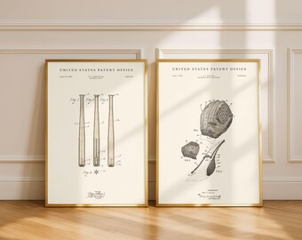 Baseball-Patentzeichnungen, zweiteilig | Baupläne für Baseballschläger (1924) und Baseballhandschuh (1971) | Historische Baseball-Designs | Modern Cream