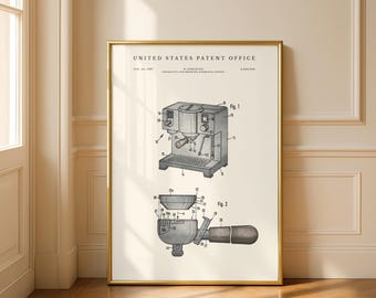 Espresso Machine Poster | 1987 Coffee Machine Patent | Modern Cream or Parchment