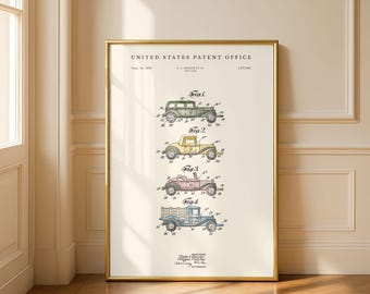 Spielzeugauto Patentdruck | 1932 Vintage Bauplan | Kinderzimmer Spielzimmer Dekor | Modernes Creme