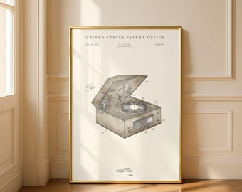 1951 Record Player Patent Print | Vinyl Collector Gift | Music Room Decor | Modern Cream or Parchment