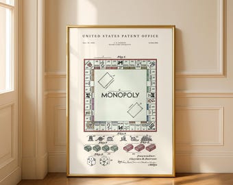 Monopoly Board Watercolour Patent | 1935 Board Game Wall Art | Vintage Game Room Decor | Modern Cream or Parchment