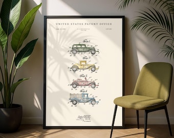 Patentzeichnung eines Vintage-Spielzeugautos (digitaler Download) | Bauplan eines antiken Modellautos von 1932 | Retro-Automobil-Wandkunst