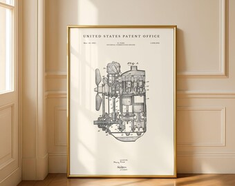 Patentzeichnung eines Automobilmotors | Bauplan aus dem Jahr 1935 | Geschenk für Autoliebhaber | Modernes Creme