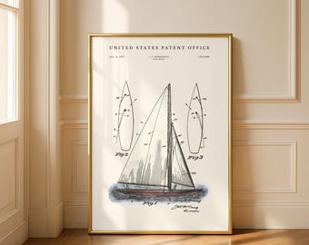 1927 Sailboat Patent Art Print | Vintage Watercolour Nautical Decor | Sailor Gift | Modern Cream or Parchment