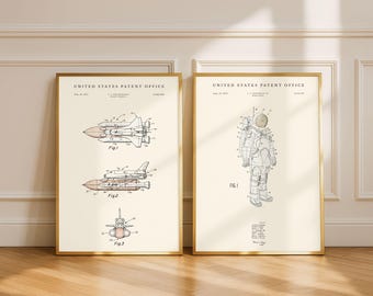 NASA Patent 2er Set | 1975 Space Shuttle & 1973 Apollo Raumanzug | Wissenschaft Geschenk | Modernes Creme