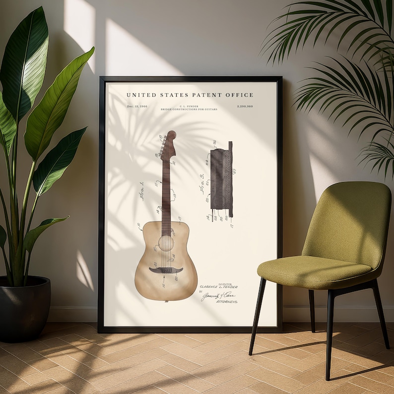 May include: Framed patent print of a guitar design. The print features a detailed illustration of a guitar with a brown neck and a light-colored body. The text "United States Patent Office" is at the top, with the patent number and inventor's name.