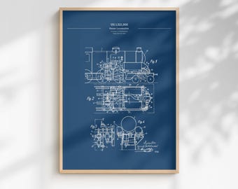 Steam Locomotive Poster | 1923 Train Engineering Patent Art | Railroad History Print | Industrial Wall Decor | Gift for Train Enthusiasts