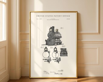 1898 Zug Patentdruck | Vintage Steam Train Wandkunst | Geschenk für Zugbegeisterte | Modernes Creme