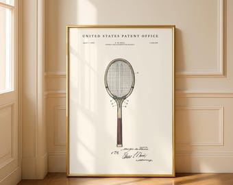 Tennis Racket Patent Watercolour Print | 1925 Vintage Tennis Art | Sports Wall Decor | Modern Cream or Parchment